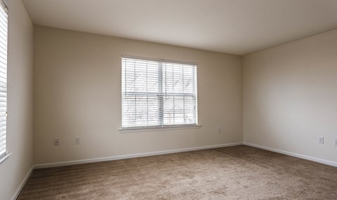 an empty living room with a window and carpet