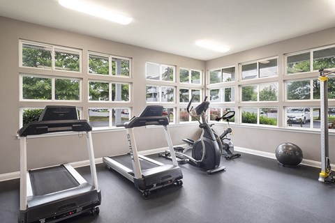 a gym with treadmills and other exercise equipment and windows