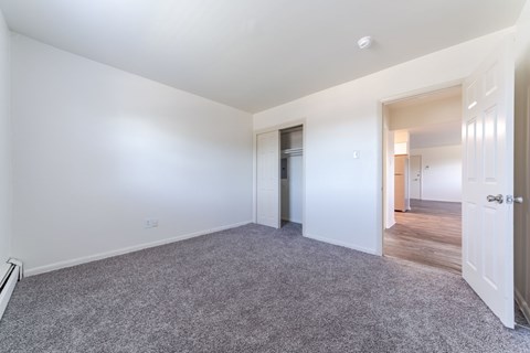 A spacious room with a grey carpet and white walls.