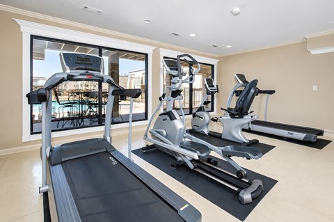 A home gym with treadmills and exercise bikes.