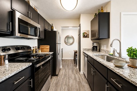 A modern kitchen with black cabinets and stainless steel appliances.