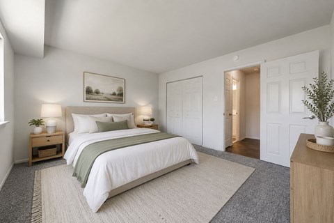 A bedroom with a large bed and a painting on the wall.