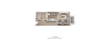 A floor plan of a studio apartment with one bed, a bathroom, and a kitchen.