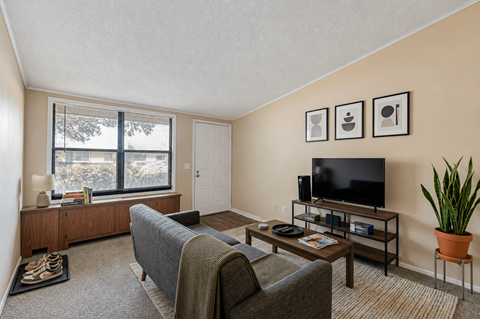 A living room with a grey couch, a wooden entertainment center, and a large window.