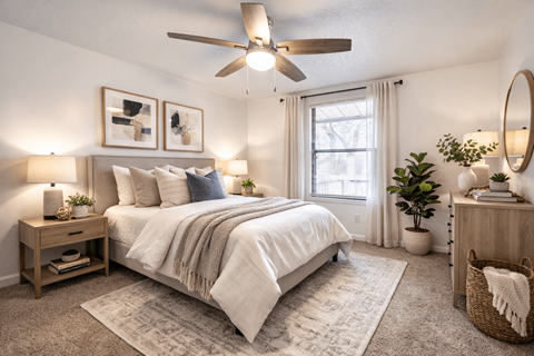 A bedroom with a large bed, a ceiling fan, and a window with white curtains.