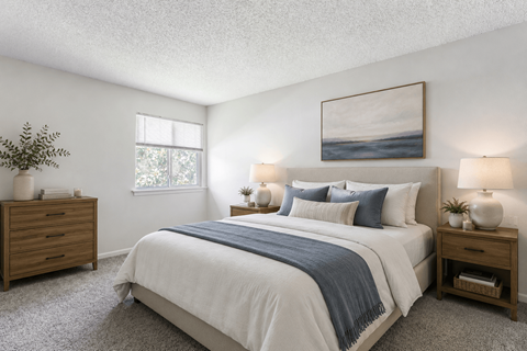 A bedroom with a large bed and a painting on the wall.