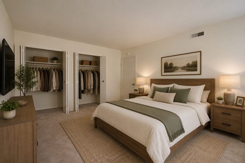 A bedroom with a large bed, a TV, and a wardrobe.