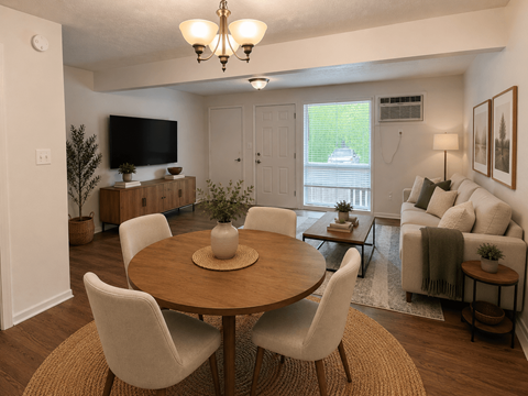 A well-lit living room with a wooden table and chairs.