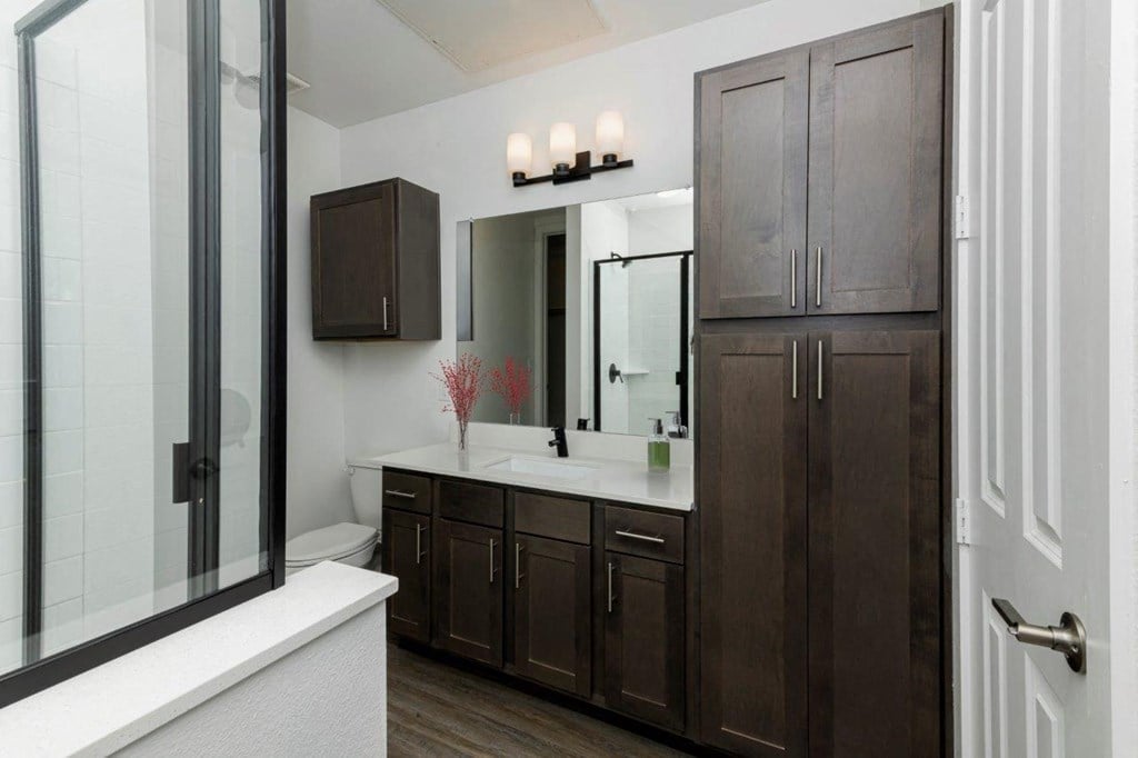 a bathroom with a sink and a mirror