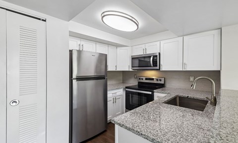 A kitchen with a granite countertop and stainless steel appliances.