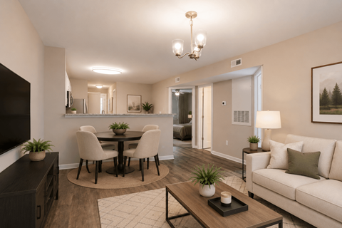 A living room with a dining table and chairs.