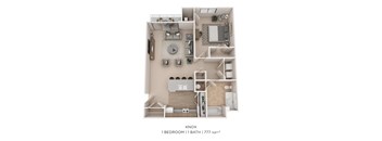 A floor plan of a one bedroom apartment with one bathroom.