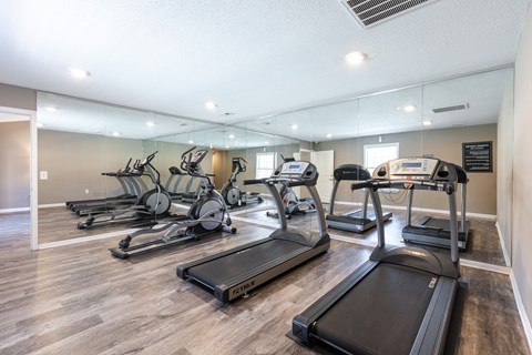 A gym with treadmills and exercise bikes.