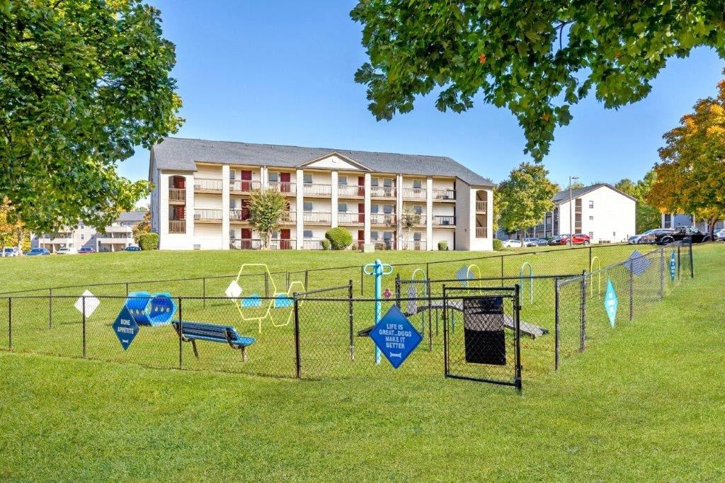 fenced dog park with agility equipment