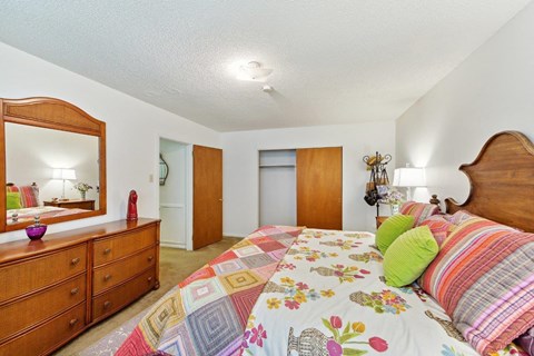 a bedroom with a bed and a dresser