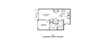 A black and white image of a floor plan for a 1 bedroom, 1 bathroom apartment.