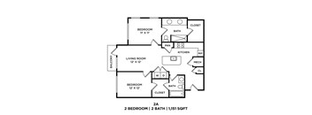 A black and white image of a 2 bedroom, 2 bath house plan.