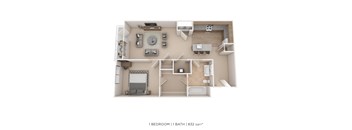 A 1 bedroom 1 bathroom apartment is 832 square feet.