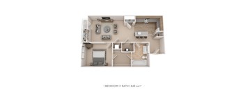 A 1 bedroom 1 bathroom apartment is 843 square feet.