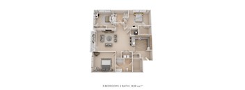 A 3 bedroom apartment with 2 bathrooms and a total area of 1438 sqft.