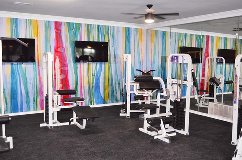 A gym with a variety of equipment including a bench, a leg press machine, and a cable machine.