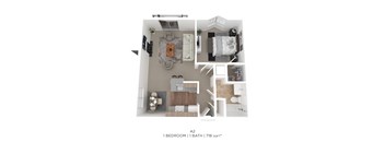 A 2 bedroom apartment with 1 bathroom and 718 sqft.