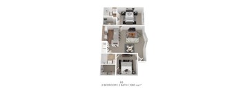 A 3D floor plan of a B3 apartment with 2 bedrooms and 2 bathrooms.
