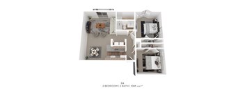A 3D floor plan of apartment B4 with 2 bedrooms and 2 bathrooms.