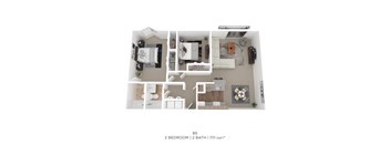 A floor plan of a 2 bedroom apartment with 2 bathrooms and a total area of 1111 sqft.