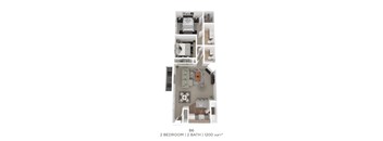 A floor plan of a B6 apartment with 2 bedrooms and 2 bathrooms.