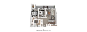A 2 bedroom, 2 bathroom apartment with a total area of 1200 sqft.