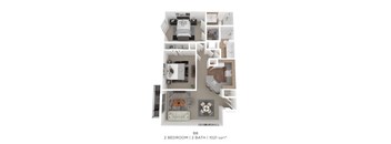A floor plan of apartment B8 with two bedrooms and two bathrooms.
