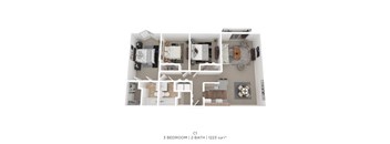 A floor plan of a 3 bedroom apartment with 2 bathrooms and a total area of 1223 sqft.