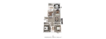A 3 bedroom apartment with 2 bathrooms is shown in this image.