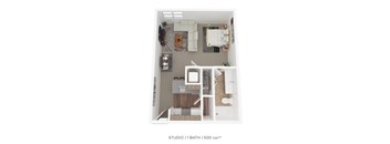 A floor plan of a studio apartment with 1 bath and 500 sqft.