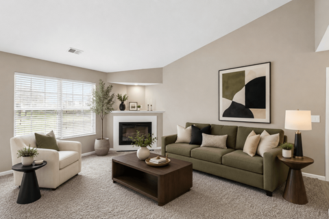A living room with a fireplace, two chairs, a couch, and a painting on the wall.