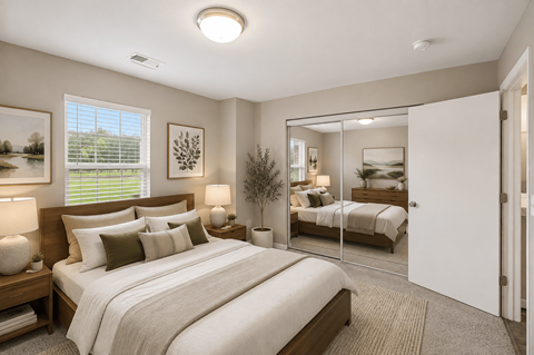 A bedroom with a large bed and a mirrored closet door.