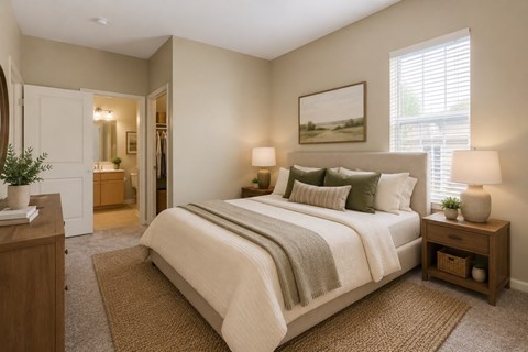 A bedroom with a large bed and a painting on the wall.