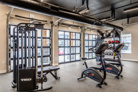 A gym with a treadmill, a weight bench and a squat rack.