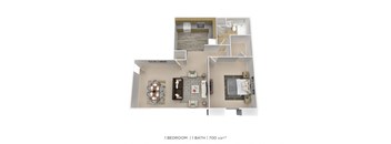 a stylized floor plan of a 1 bedroom apartment