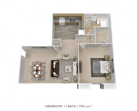 a stylized floor plan of a 1 bedroom apartment