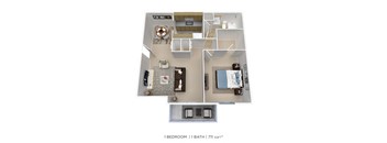 a 3D 1 bedroom 1 bath floor plan