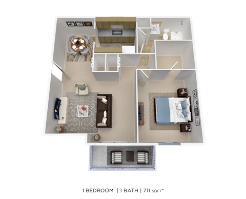 a 3D 1 bedroom 1 bath floor plan