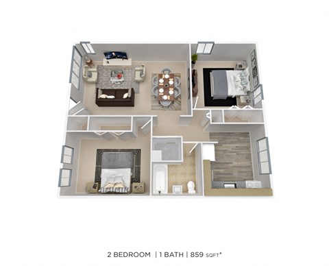 a stylized 2 bedroom 1 bath floor plan