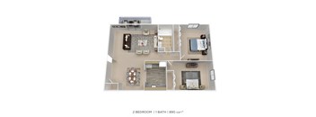 a stylized 2 bedroom 1 bath floor plan