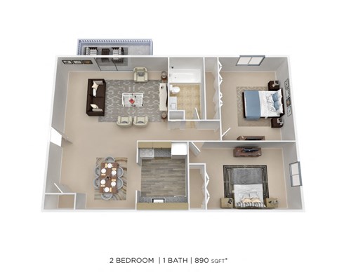a stylized 2 bedroom 1 bath floor plan