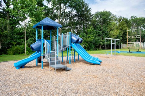 A playground with a blue slide and a blue roofed structure.