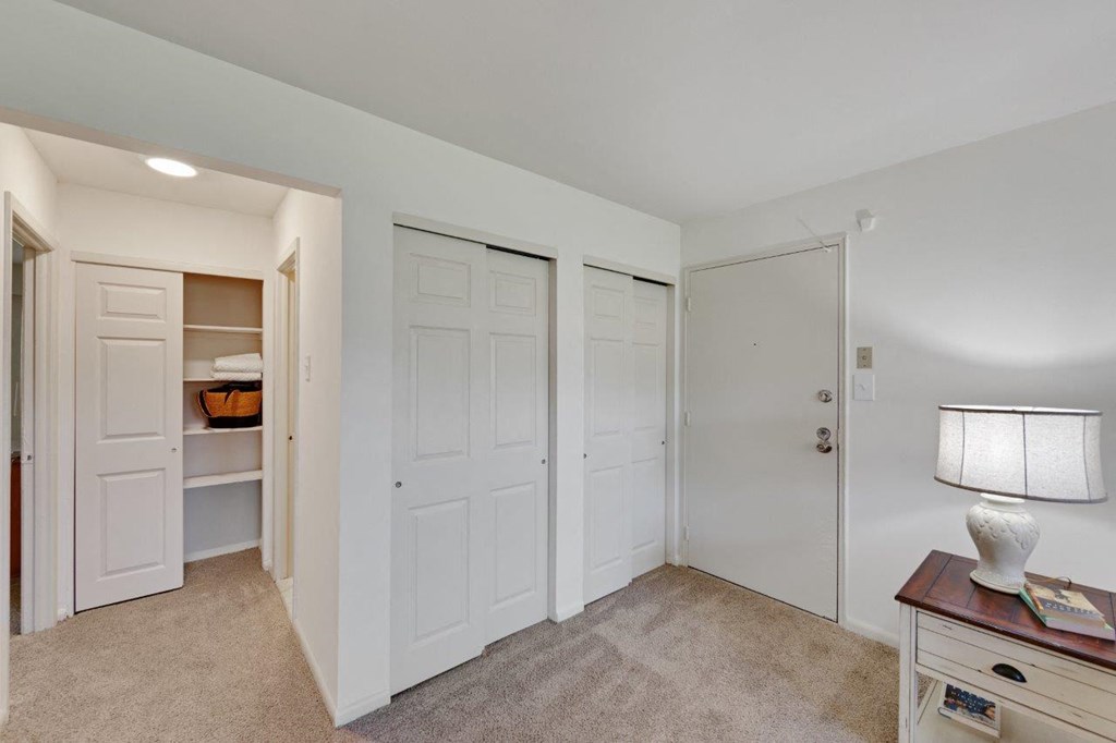 a bedroom with three closets and a lamp