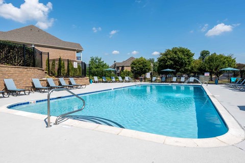 A swimming pool with sun loungers.