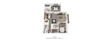 A 2 bedroom, 2 bathroom apartment with a total of 1141 square feet.